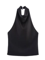 Detailed front view of black silk satin halter top featuring a buttoned high neckline - S / Black
