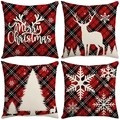 Set of four Christmas pillow covers with red buffalo check elk and snowflake patterns - Red Black Plaid Nordic Forest Set