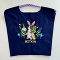 Dark blue nylon tote bag featuring rabbit floral embroidery and braided handles - Dark Blue Rabbit Flower