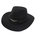 Detail of western felt hat with leather band featuring silver bull head and brass studs - Adult (56-60cm) / Black (Bull Head + Black Band)