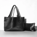 Klassische schwarze gewebte Leder-Einkaufstasche mit passender Reißverschluss-Clutch - Schwarz