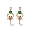 Exaggerated gold scorpion earrings with green heart stones and colorful zircon pavé details - Scorpion Design (CE00119cx)