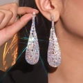 Elegant silver long tassel drop earrings with sparkling multi-color AB crystals - Rainbow AB Color