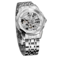 Detailed close-up of fully hollow skeleton dial and stainless steel gears of mechanical watch - Silver Case White Dial