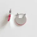 Silver round hoop earrings featuring pink rectangular crystal pavé stones on the side - Silver + Rose Red Zirconia (PDE1616)