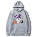 Halloween-themed light grey hoodie with ghost and pumpkin graphics, flat lay display - Light Gray