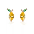 Detail of cute lemon stud earrings with yellow marquise stones and green leaf accents - Mango