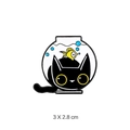 Cartoon black cat and fishbowl enamel pin brooch with 3 x 2.8 cm size label on white background - Fish Tank Cat