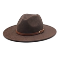 Classic dark brown wide brim faux suede cowboy fedora hat with a thin leather buckle band - M(56-58cm) / Brown