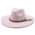Pink wide brim faux suede cowboy hat with brown braided cord and silver metal buckle - M (56-59cm) / Light Pink Suede