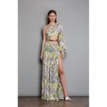 Detail of floral one-shoulder dress with sexy waist cutout and metal chain link decor - Printing