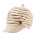Winter beige knit rabbit fur beret cap with short brim and ribbed texture - One Size / Long Hair Rabbit Fur Piano Hat Beige