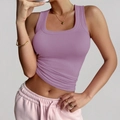 Pink purple ribbed knit yoga tank top with square neck worn by model for fitness - S / Taro Purple