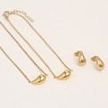 Polished gold stainless steel jewelry set with teardrop necklace and stud earrings - Gold