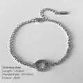 Silver stainless steel bracelet with interlocking CZ paved rings and lobster clasp - Pave Rhinestone Circle Pendant Fine Chain (XBL0022-1)