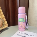 Pink minimalist thermal water bottle with cute cartoon patterns and a purple carry strap - 550ml / Pink Heart Gesture