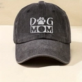 Washed black cotton baseball cap featuring Dog Mom embroidery and a paw print - One Size / Black