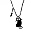 Detail of gothic black cat and fish pendant necklace with durable black cross chain - Black Cat with Fish