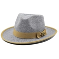 Detail of grey wool felt fedora featuring brown grosgrain ribbon and vintage metal buckle - M (56-58cm) / Light Brown Trim Bow Style / Mixed Grey