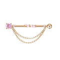 Golden industrial barbell piercing with pink zircon, beads and layered chains - Gold Pink Zircon Heart Charm
