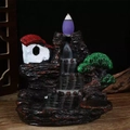 Zen landscape incense burner with misty smoke waterfall and miniature resin mountain - High Mountain Flowing Water (Big Red House)
