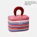 Contrast color travel cosmetic bag in nude pink with MILO BLISS logo and striped handle - Nude Pink Striped Bucket Bag