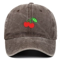 Detail of red cherry embroidery on vintage dark grey washed cotton baseball cap - Coffee