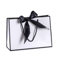 White paper gift bag with black border and elegant black ribbon bow handle - Black Frame White Background; Horizontal Extra Small Size 19*15*7 Ribbon Style.