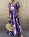 Abito lungo estivo casual tie-dye viola con maniche corte e ampio scollo a giro - Taglia S / Top E Pantaloni / Viola