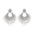 Pendientes bohemios de perlas en forma de abanico con metal plateado estilo vintage - Plata Antigua Blanca Ecológica