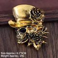 Vintage gold skull brooch with roses and top hat, 4.1x5cm alloy gothic badge - Antique Gold Skull Rose (XZ25144)