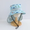 Detail of blue sun hat with colorful dinosaur prints and protective long neck flap - 50cm (1-3 Years) / Blue Dinosaur