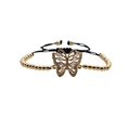 Bracciale regolabile con farfalla dorata in zirconi e cordino intrecciato nero - Farfalla Corda Nera / Corda Nera Perline in Rame Dorato