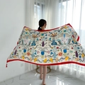 Beige folk style beach shawl with colorful patterns and red borders for women - Army Green-Beige Multicolor Folk Red Border / 180cm