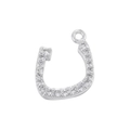 Macro shot of horseshoe-shaped silver pendant with micro-set zircons and top jump ring - White Gold 12