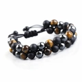Detail of double-layer beaded bracelet with tiger eye stone and adjustable woven rope - No Metal Accessory Style / No Accessory (Hematite + Black Obsidian + Tiger Eye)