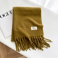 Thick mustard yellow cashmere-like scarf with fringe details and a soft knit texture - Army Green / Over 175cm
