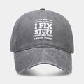 Détail d'une casquette grise en coton délavé avec texte imprimé blanc 'I FIX STUFF' - Réglable / Gris