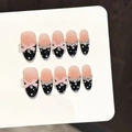 Unghie finte fatte a mano con sfumatura rosa nero, pois, fiocchi e strass lucidi - Extra Piccolo (XS) / Stile Fiocco a Pois Zucchero Nero (3421)