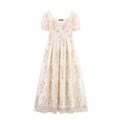 Vestido de malla con bordado floral, mangas abullonadas y elegante escote cuadrado - XS / Amarillo claro