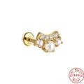 Macro detail showing S925 sterling silver butterfly stud with pearls and zircon stones - Gold Single #13 (Zirconia & Artificial Pearl Side by Side)