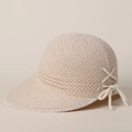 Close-up of beige knit sun hat showing intricate woven texture and sweet bow detail - M (56-58cm) / Beige