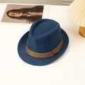 Cappello fedora intrecciato blu scuro con nastro a righe per protezione solare stile inglese - L(58-60cm) / Blu navy
