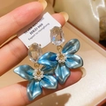 Macro view of blue floral 925 silver earrings with large oval crystal and small white pearls - 8# Gold Blue Enamel Pearl Flower Pendant Studs