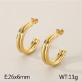French style double-layer gold C-shaped stainless steel earrings size 26x6mm - Style C Double Layer Round Tube (KE115319-KFC)