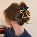 Large hair claw clip with colorful abstract block pattern worn on long brown hair - 7.5cm / Yellow Coffee Puppy Color Block Clip