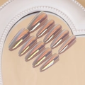 Holographic aurora long almond press-on nails set on a white pearl mirror - By1483 / Phototherapy Glue Style