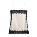 Top da donna in raso color crema con pizzo nero e spalline sottili regolabili - S / Avorio con pizzo nero