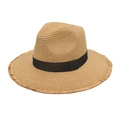 Klassieke strooien zonnehoed met zwart grosgrain lint en stijlvolle gerafelde rand - M (56-58cm) / Khaki