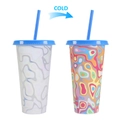 710ml color changing cold cup with blue straw showing before and after effect - 701-800ml / Psychedelic Pattern (Blue)